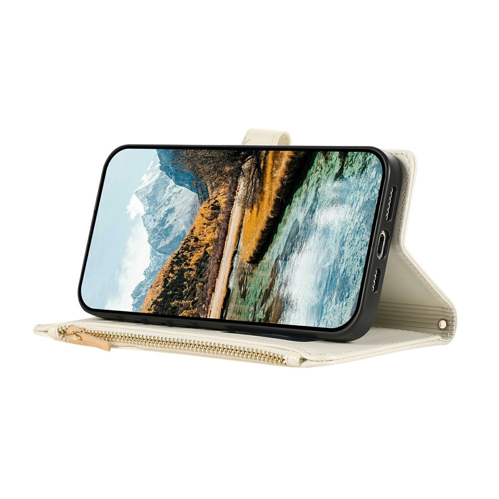 For iPhone 17 Pro Max Case Multi Card Slots Zipper Rhombus Leather Phone Cover with Wrist Strap - Beige