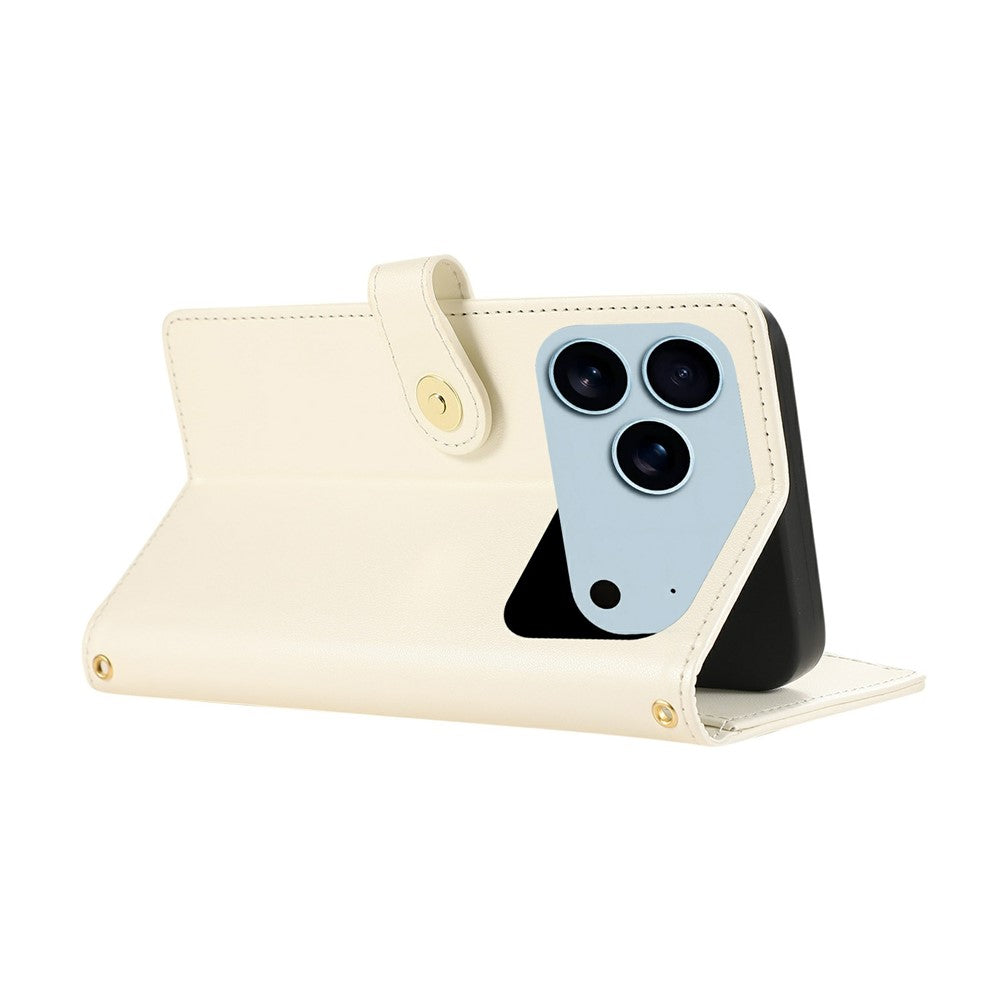 For iPhone 17 Pro Max Case Multi Card Slots Zipper Rhombus Leather Phone Cover with Wrist Strap - Beige