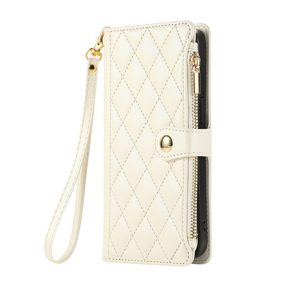 For iPhone 17 Pro Max Case Multi Card Slots Zipper Rhombus Leather Phone Cover with Wrist Strap - Beige