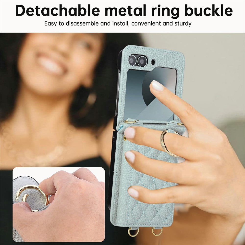 For Samsung Galaxy Z Flip7 FE 5G / Z Flip6 5G Case Kickstand Rhombus Leather + TPU Phone Cover with Shoulder Strap - Blue