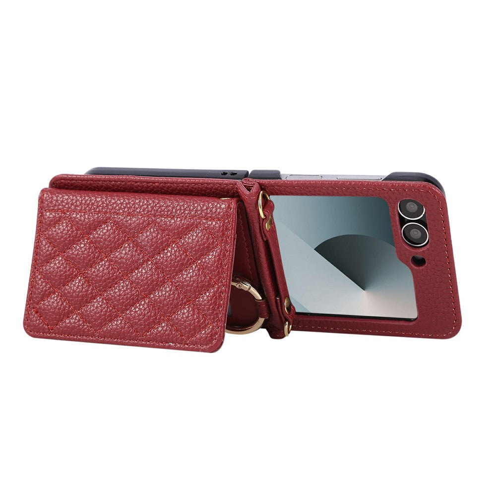 For Samsung Galaxy Z Flip7 FE 5G / Z Flip6 5G Case Kickstand Rhombus Leather + TPU Phone Cover with Shoulder Strap - Red