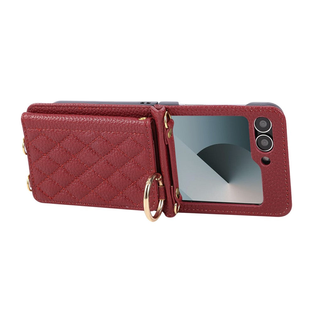 For Samsung Galaxy Z Flip7 FE 5G / Z Flip6 5G Case Kickstand Rhombus Leather + TPU Phone Cover with Shoulder Strap - Red