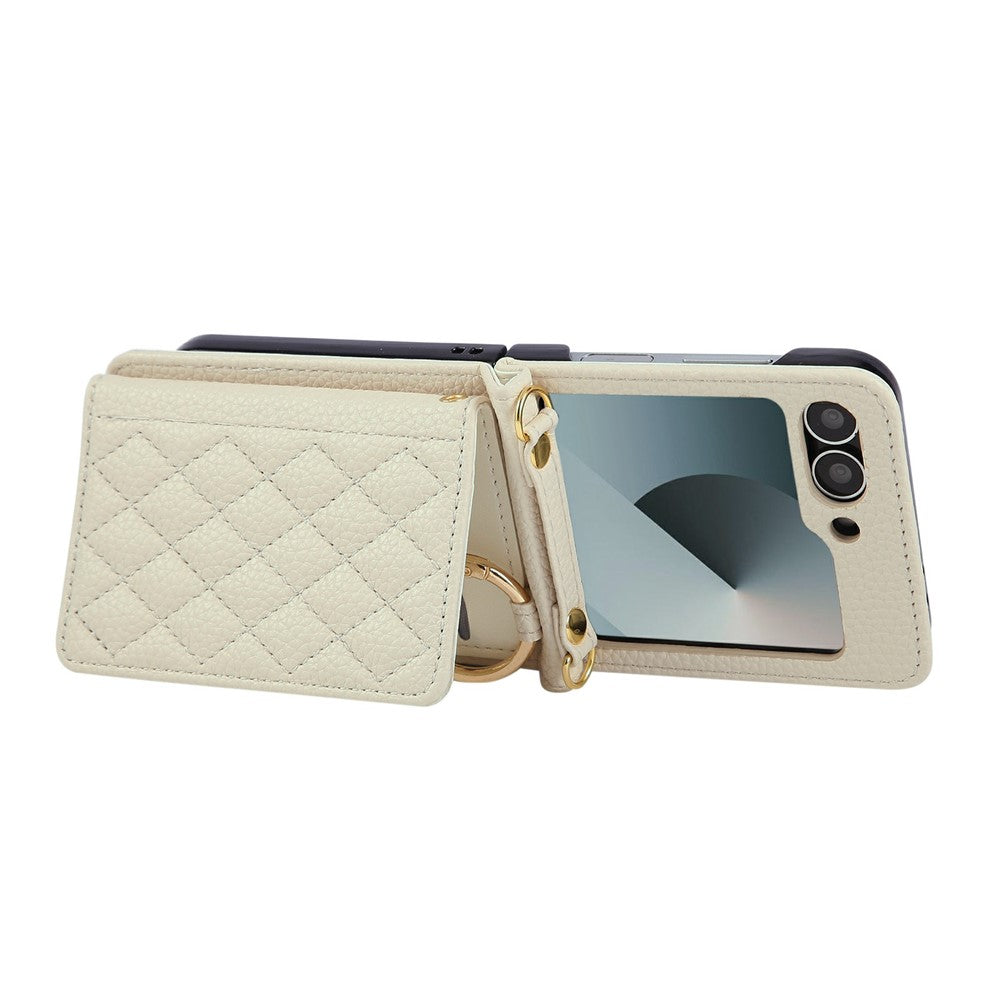 For Samsung Galaxy Z Flip7 FE 5G / Z Flip6 5G Case Kickstand Rhombus Leather + TPU Phone Cover with Shoulder Strap - Beige