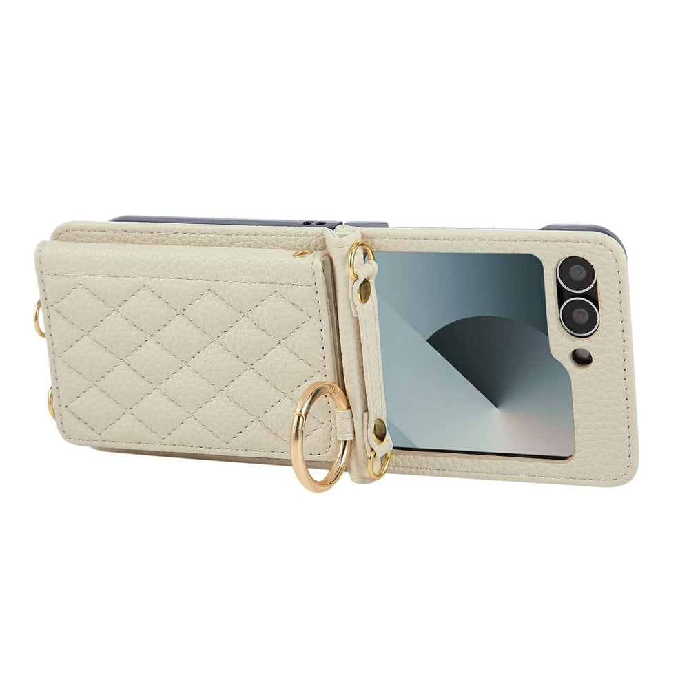 For Samsung Galaxy Z Flip7 FE 5G / Z Flip6 5G Case Kickstand Rhombus Leather + TPU Phone Cover with Shoulder Strap - Beige