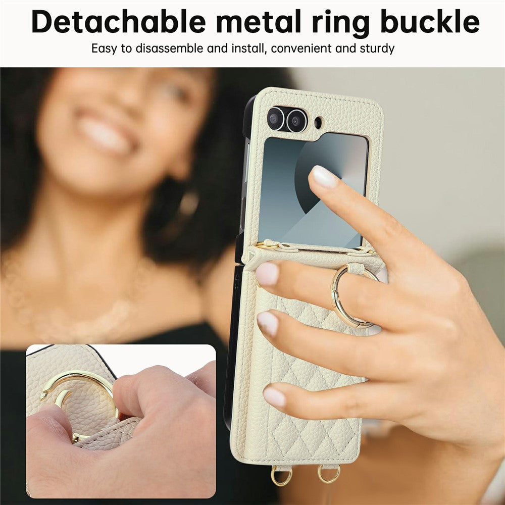 For Samsung Galaxy Z Flip7 FE 5G / Z Flip6 5G Case Kickstand Rhombus Leather + TPU Phone Cover with Shoulder Strap - Beige