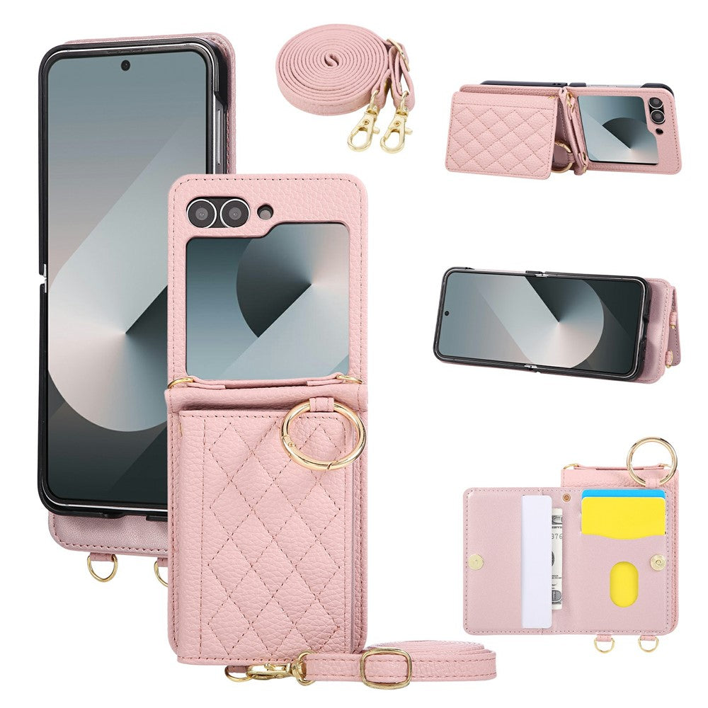 For Samsung Galaxy Z Flip7 FE 5G / Z Flip6 5G Case Kickstand Rhombus Leather + TPU Phone Cover with Shoulder Strap - Pink