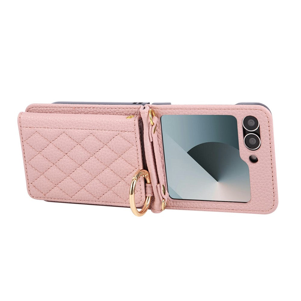 For Samsung Galaxy Z Flip7 FE 5G / Z Flip6 5G Case Kickstand Rhombus Leather + TPU Phone Cover with Shoulder Strap - Pink