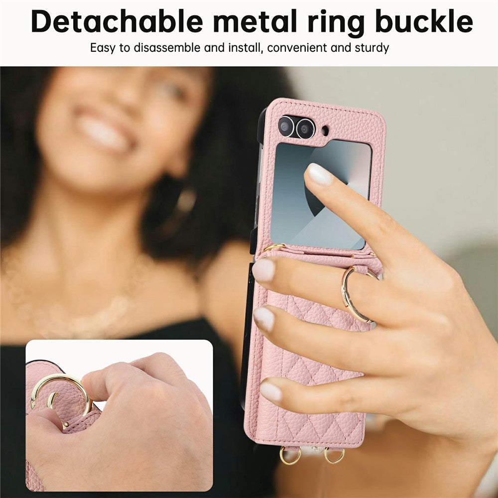 For Samsung Galaxy Z Flip7 FE 5G / Z Flip6 5G Case Kickstand Rhombus Leather + TPU Phone Cover with Shoulder Strap - Pink