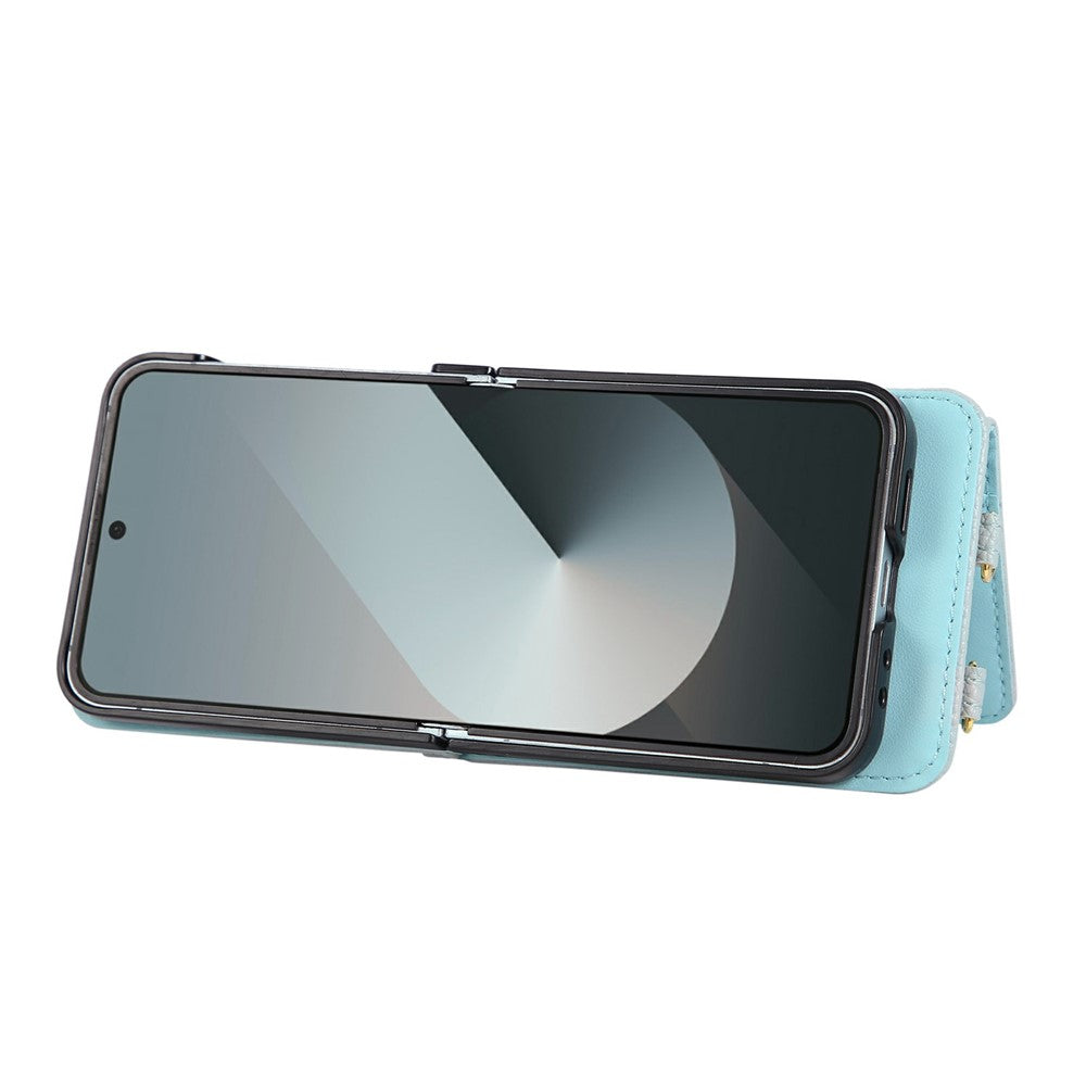 For Samsung Galaxy Z Flip7 5G Case Kickstand Rhombus Leather + TPU Phone Cover with Shoulder Strap - Blue