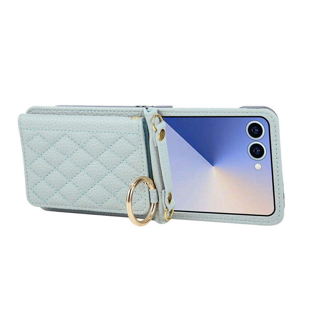 For Samsung Galaxy Z Flip7 5G Case Kickstand Rhombus Leather + TPU Phone Cover with Shoulder Strap - Blue