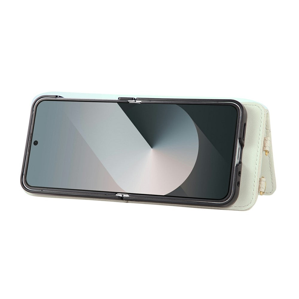 For Samsung Galaxy Z Flip7 5G Case Kickstand Rhombus Leather + TPU Phone Cover with Shoulder Strap - Beige