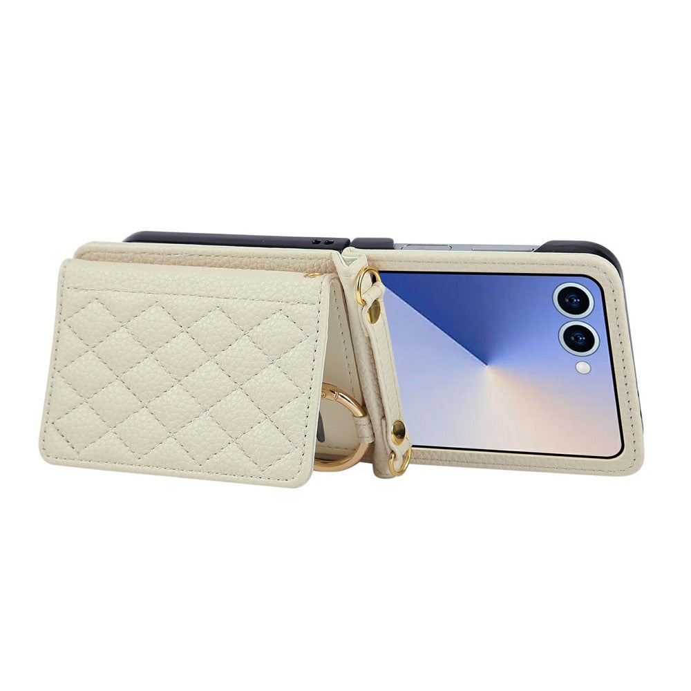 For Samsung Galaxy Z Flip7 5G Case Kickstand Rhombus Leather + TPU Phone Cover with Shoulder Strap - Beige