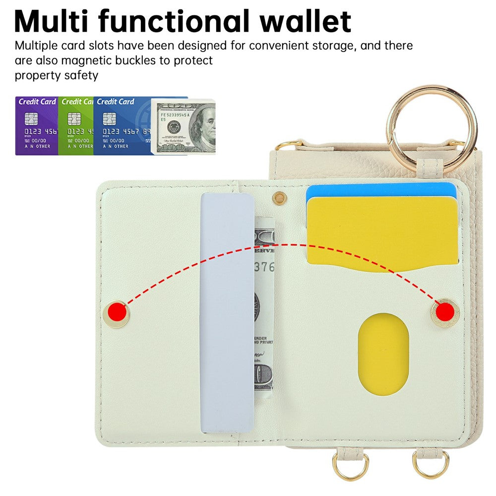 For Samsung Galaxy Z Flip7 5G Case Kickstand Rhombus Leather + TPU Phone Cover with Shoulder Strap - Beige