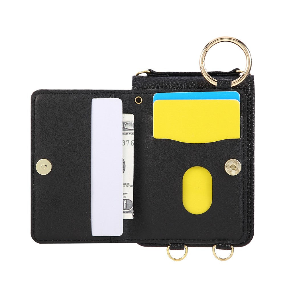 For Samsung Galaxy Z Flip7 5G Case Kickstand Rhombus Leather + TPU Phone Cover with Shoulder Strap - Black