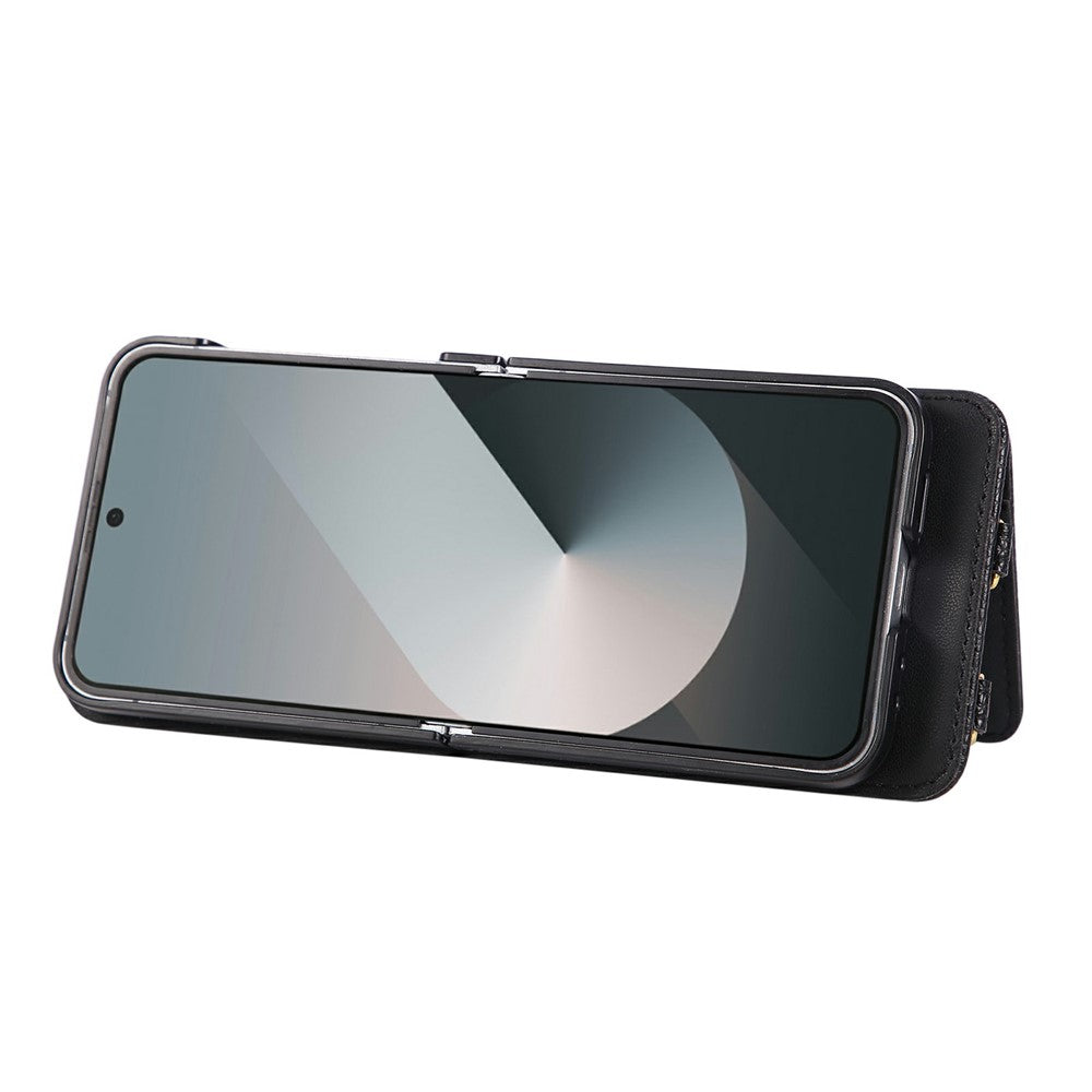 For Samsung Galaxy Z Flip7 5G Case Kickstand Rhombus Leather + TPU Phone Cover with Shoulder Strap - Black