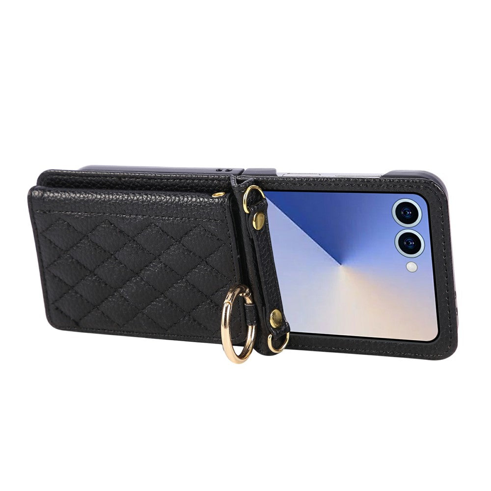 For Samsung Galaxy Z Flip7 5G Case Kickstand Rhombus Leather + TPU Phone Cover with Shoulder Strap - Black