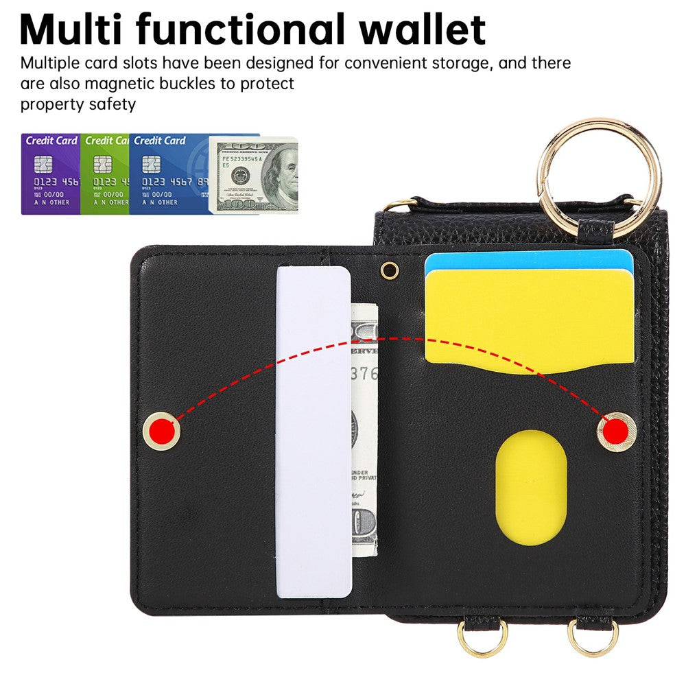 For Samsung Galaxy Z Flip7 5G Case Kickstand Rhombus Leather + TPU Phone Cover with Shoulder Strap - Black