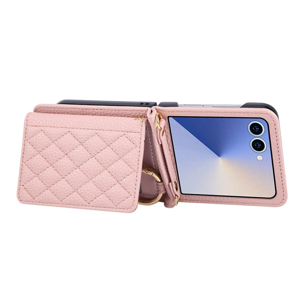 For Samsung Galaxy Z Flip7 5G Case Kickstand Rhombus Leather + TPU Phone Cover with Shoulder Strap - Pink