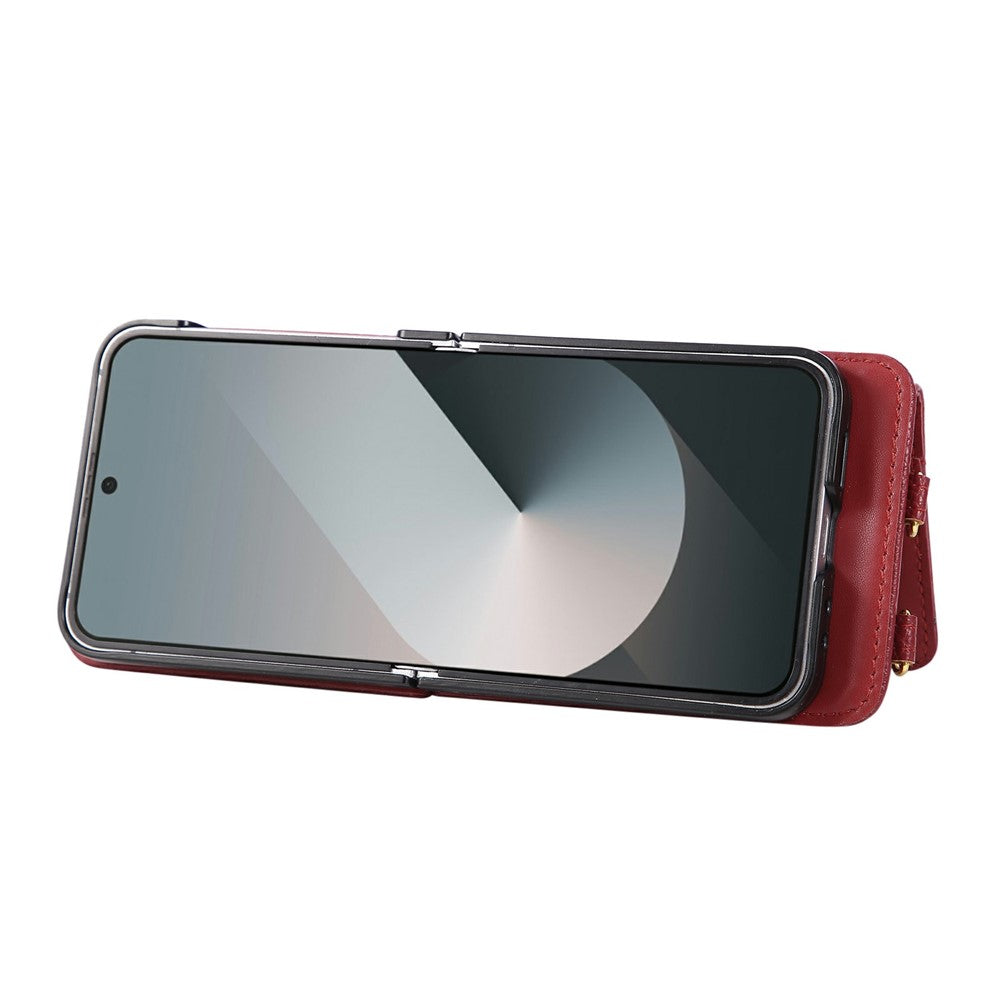 For Samsung Galaxy Z Flip7 5G Case Kickstand Rhombus Leather + TPU Phone Cover with Shoulder Strap - Red