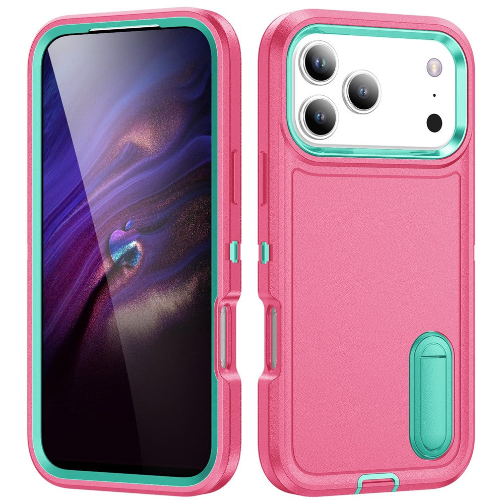 For iPhone 17 Pro Max Case Case Kickstand Phone Cover PC + Silicone + EVA 3-in-1 Design - Rose + Light Cyan