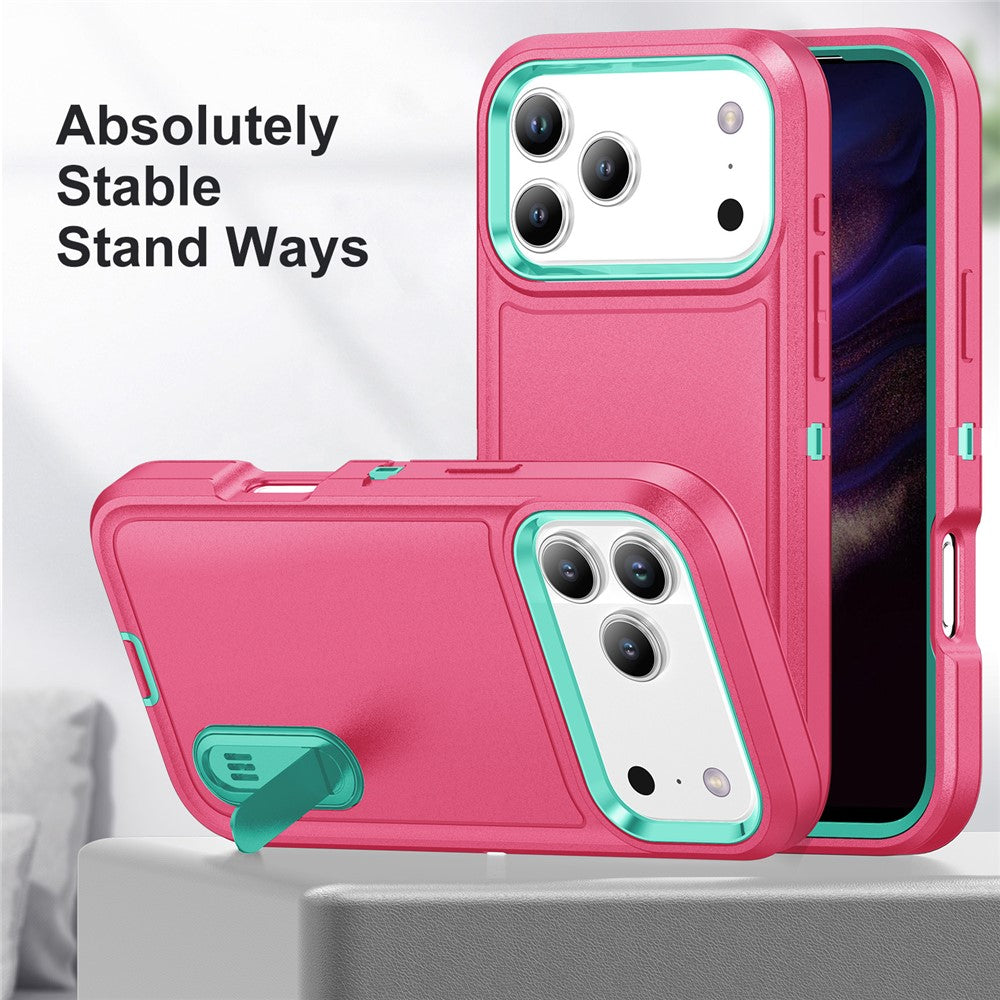 For iPhone 17 Pro Max Case Case Kickstand Phone Cover PC + Silicone + EVA 3-in-1 Design - Rose + Light Cyan