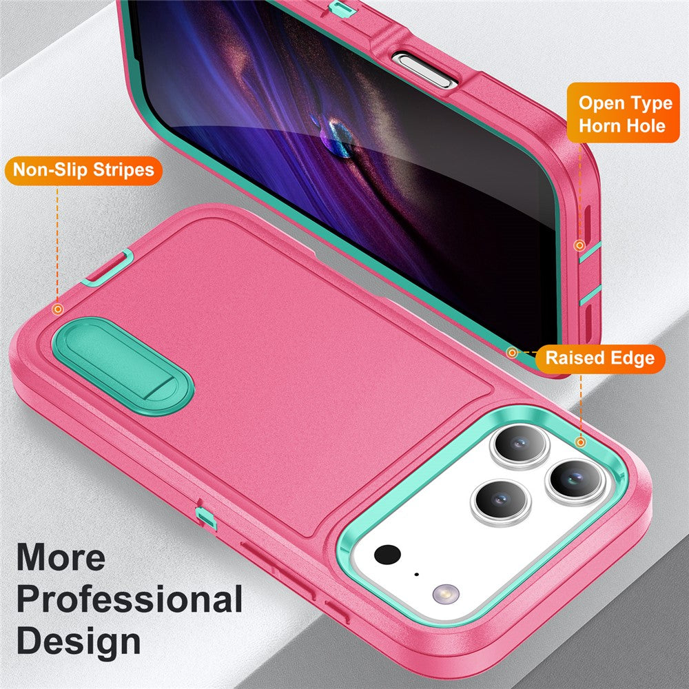 For iPhone 17 Pro Max Case Case Kickstand Phone Cover PC + Silicone + EVA 3-in-1 Design - Rose + Light Cyan