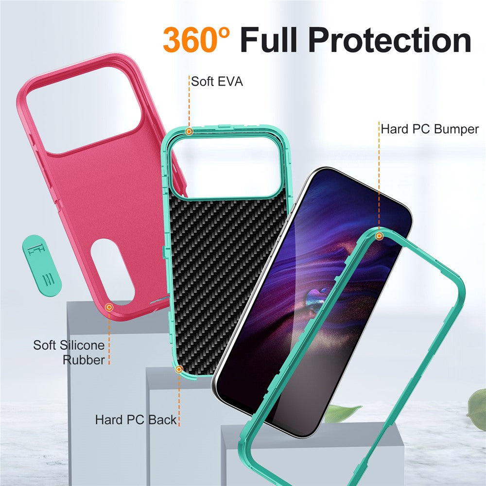 For iPhone 17 Pro Max Case Case Kickstand Phone Cover PC + Silicone + EVA 3-in-1 Design - Rose + Light Cyan