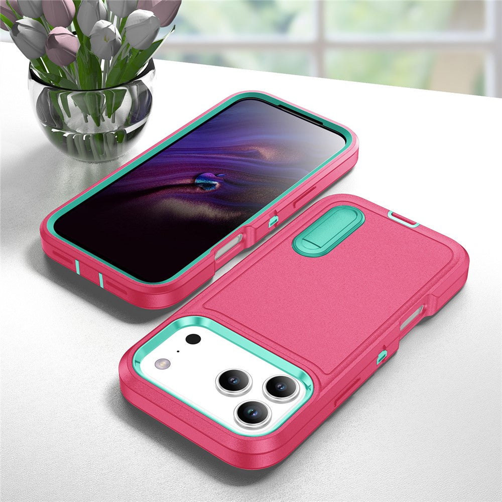 For iPhone 17 Pro Max Case Case Kickstand Phone Cover PC + Silicone + EVA 3-in-1 Design - Rose + Light Cyan