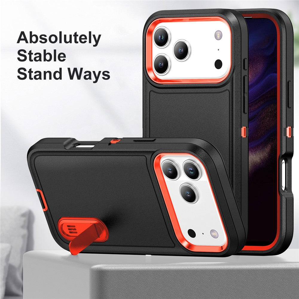 For iPhone 17 Pro Max Case Case Kickstand Phone Cover PC + Silicone + EVA 3-in-1 Design - Black + Orange