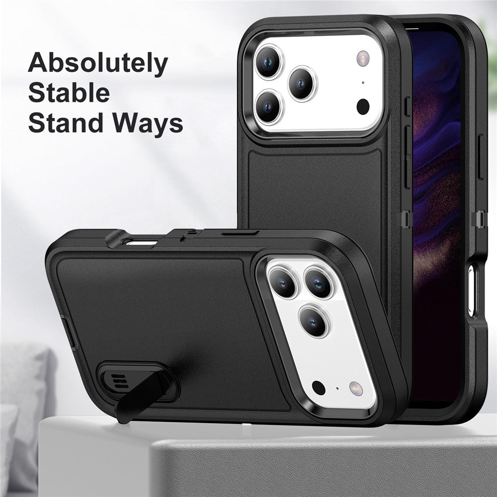For iPhone 17 Pro Max Case Case Kickstand Phone Cover PC + Silicone + EVA 3-in-1 Design - Black + Black