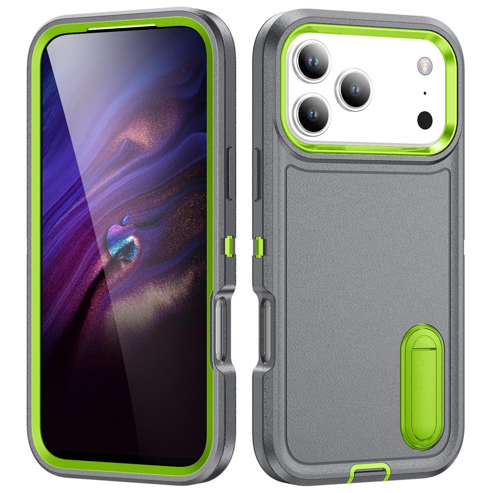 For iPhone 17 Pro Max Case Case Kickstand Phone Cover PC + Silicone + EVA 3-in-1 Design - Grey + Green