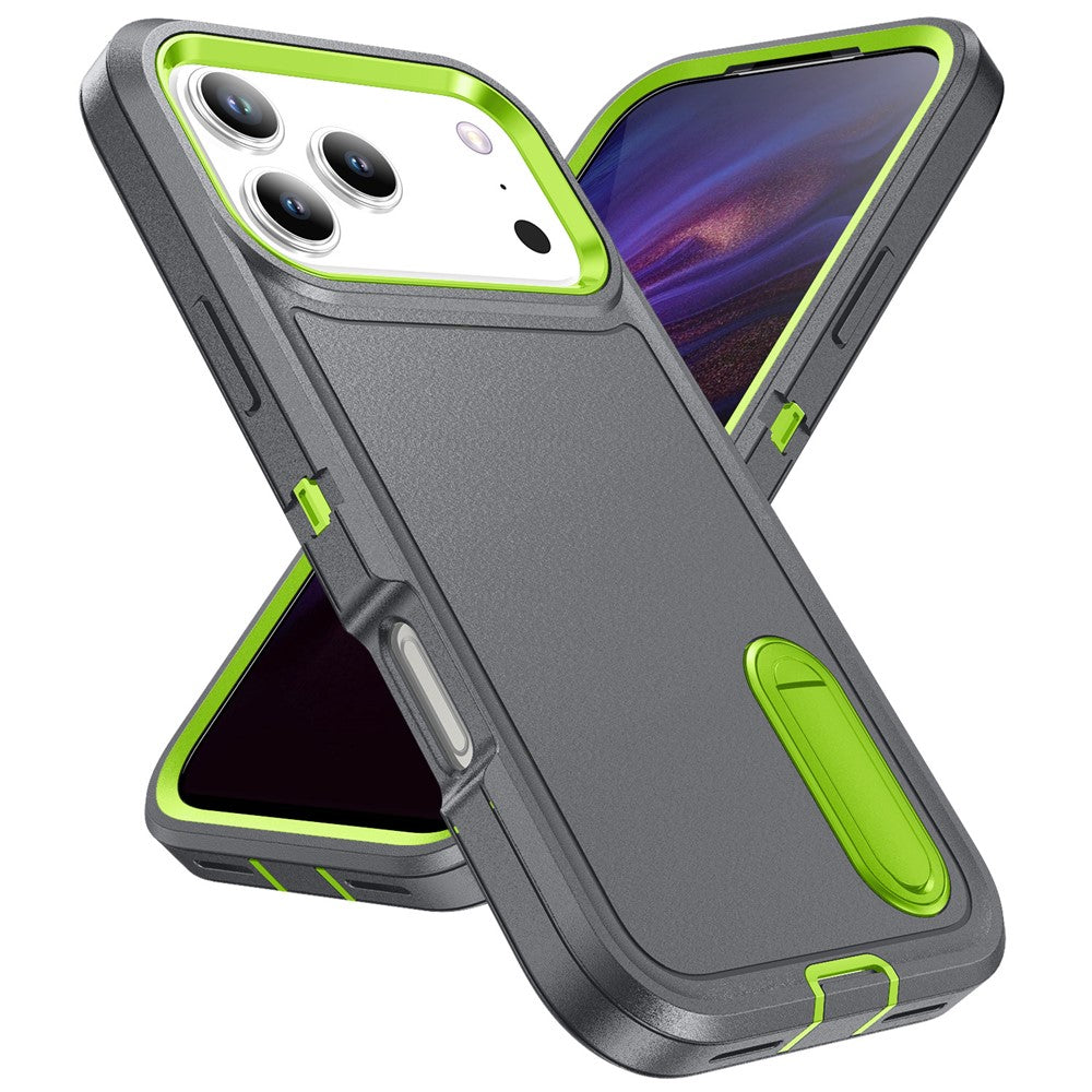 For iPhone 17 Pro Max Case Case Kickstand Phone Cover PC + Silicone + EVA 3-in-1 Design - Grey + Green