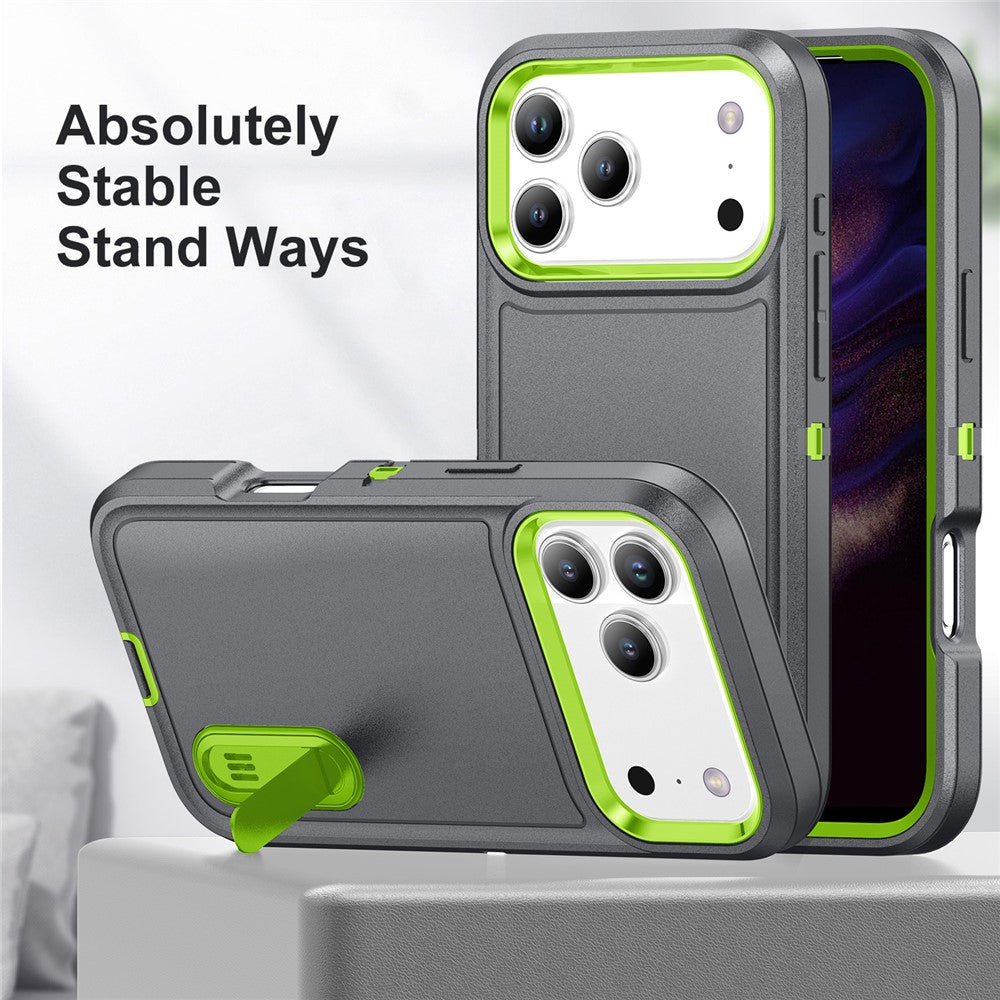 For iPhone 17 Pro Max Case Case Kickstand Phone Cover PC + Silicone + EVA 3-in-1 Design - Grey + Green