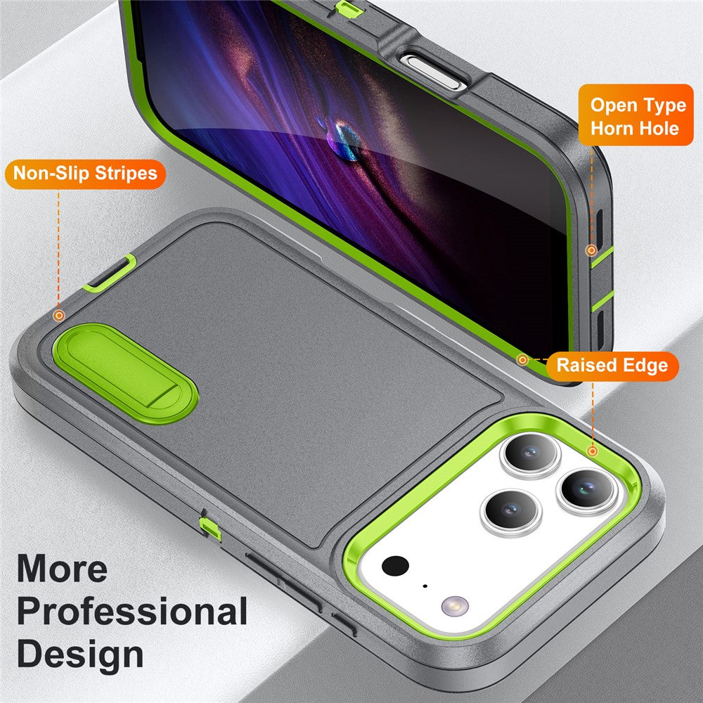 For iPhone 17 Pro Max Case Case Kickstand Phone Cover PC + Silicone + EVA 3-in-1 Design - Grey + Green