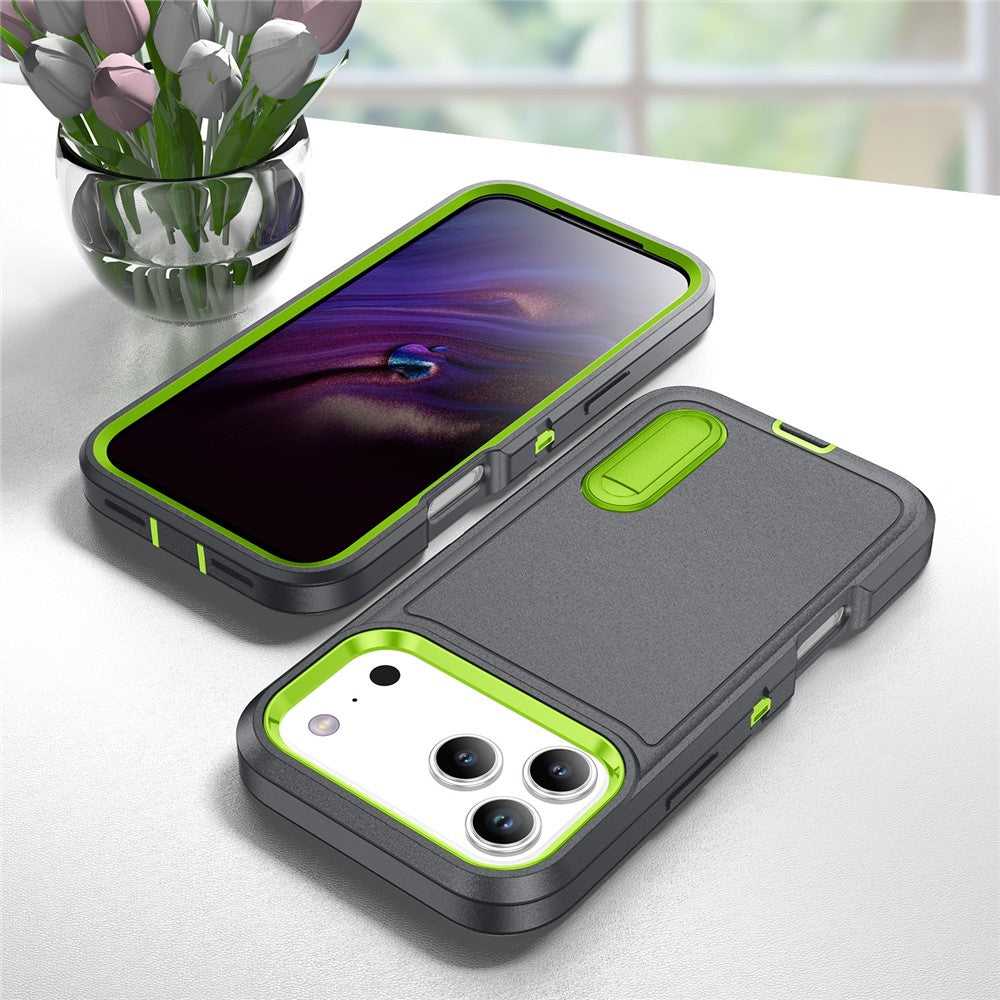 For iPhone 17 Pro Max Case Case Kickstand Phone Cover PC + Silicone + EVA 3-in-1 Design - Grey + Green