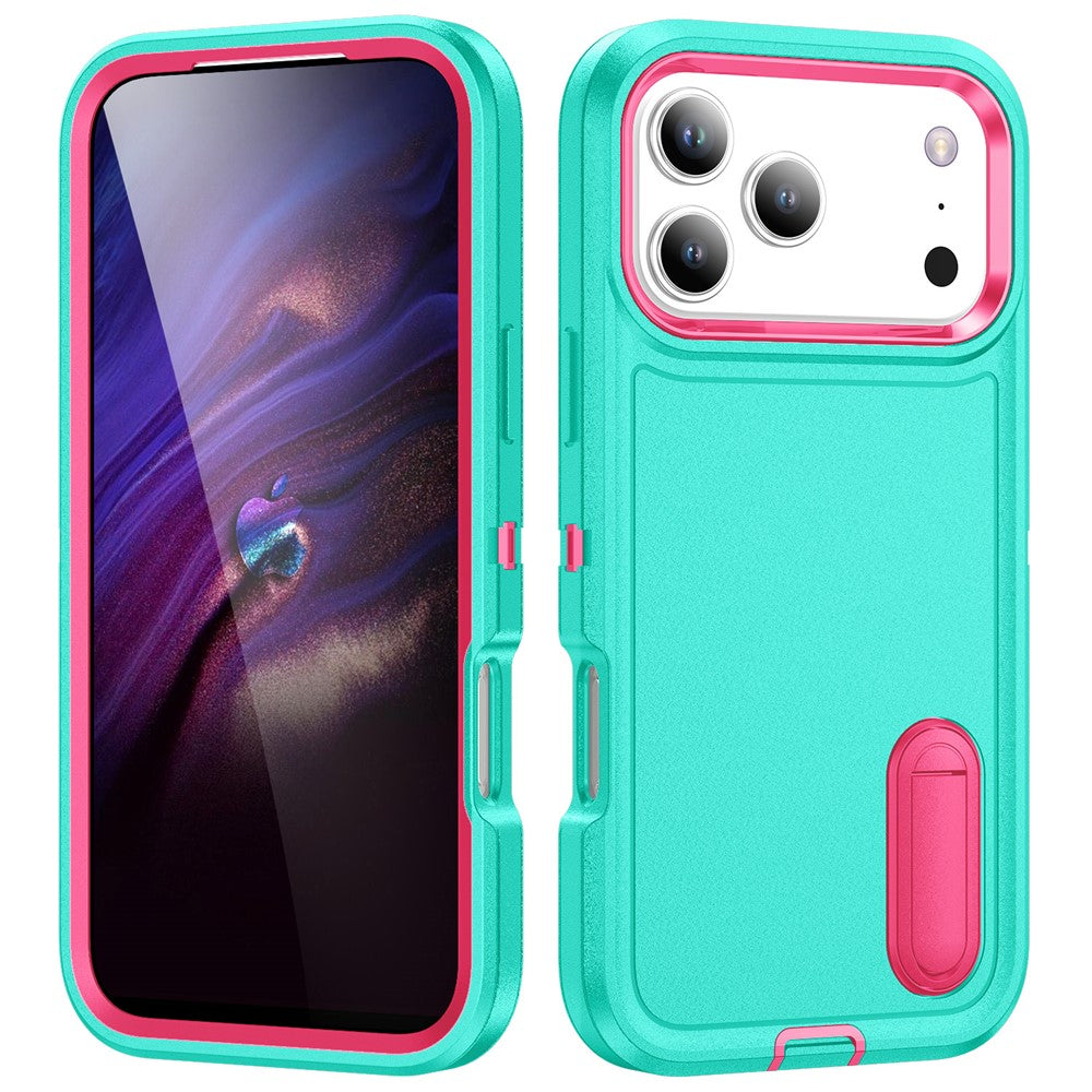 For iPhone 17 Pro Max Case Case Kickstand Phone Cover PC + Silicone + EVA 3-in-1 Design - Light Cyan + Rose