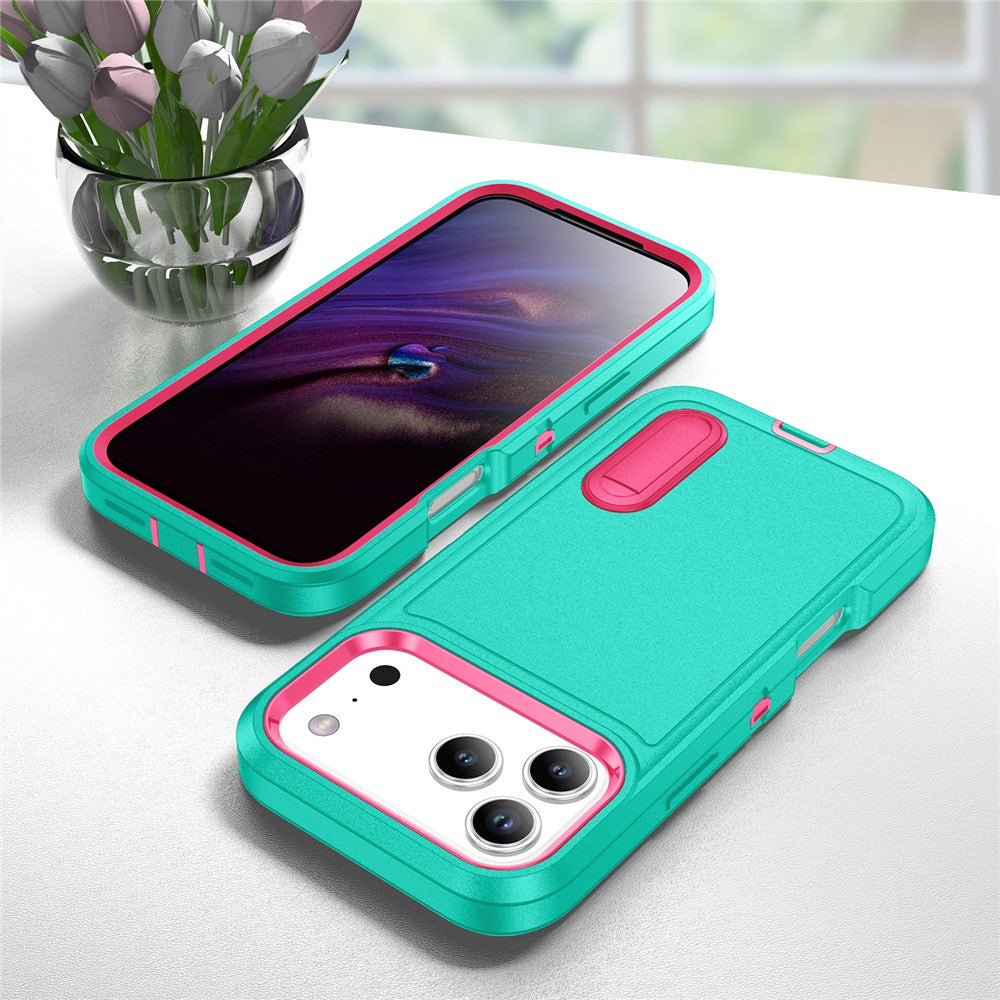 For iPhone 17 Pro Max Case Case Kickstand Phone Cover PC + Silicone + EVA 3-in-1 Design - Light Cyan + Rose