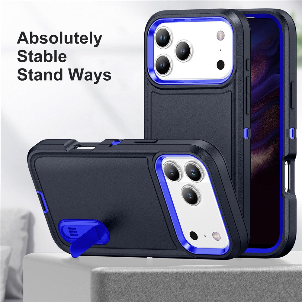 For iPhone 17 Pro Max Case Case Kickstand Phone Cover PC + Silicone + EVA 3-in-1 Design - Dark Blue + Sapphire