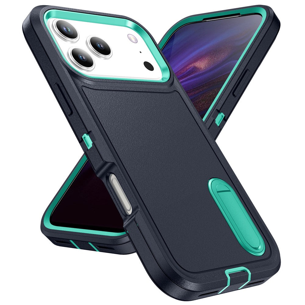 For iPhone 17 Pro Max Case Case Kickstand Phone Cover PC + Silicone + EVA 3-in-1 Design - Dark Blue + Light Cyan