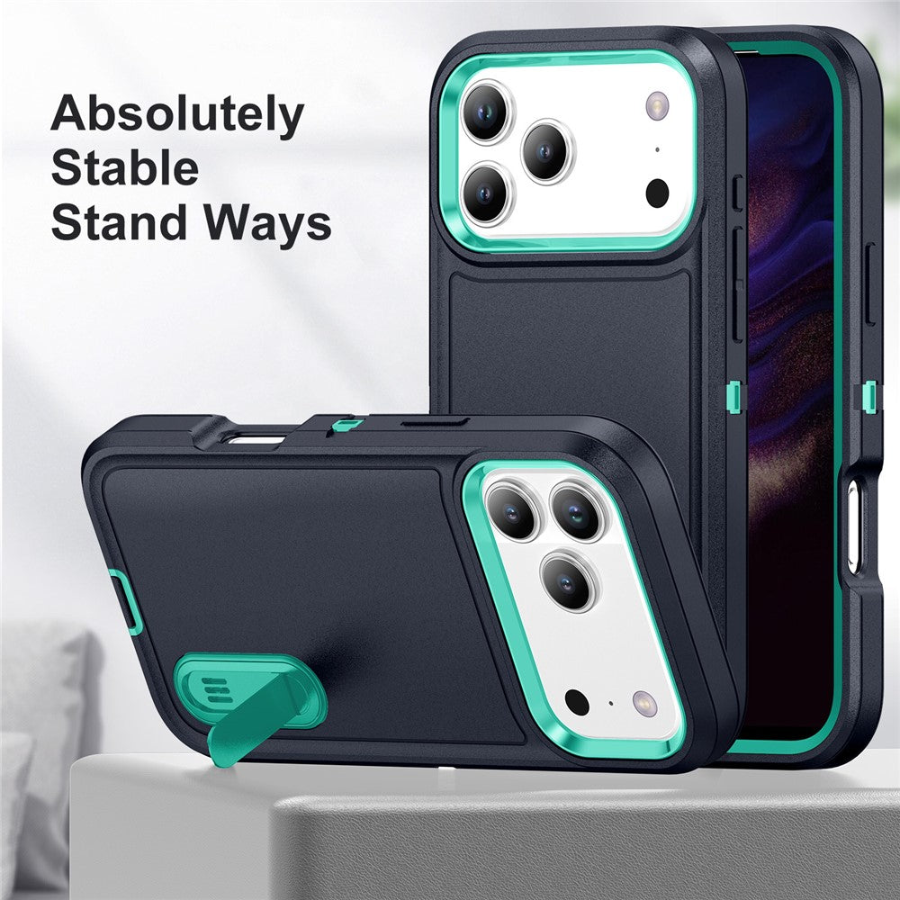 For iPhone 17 Pro Max Case Case Kickstand Phone Cover PC + Silicone + EVA 3-in-1 Design - Dark Blue + Light Cyan