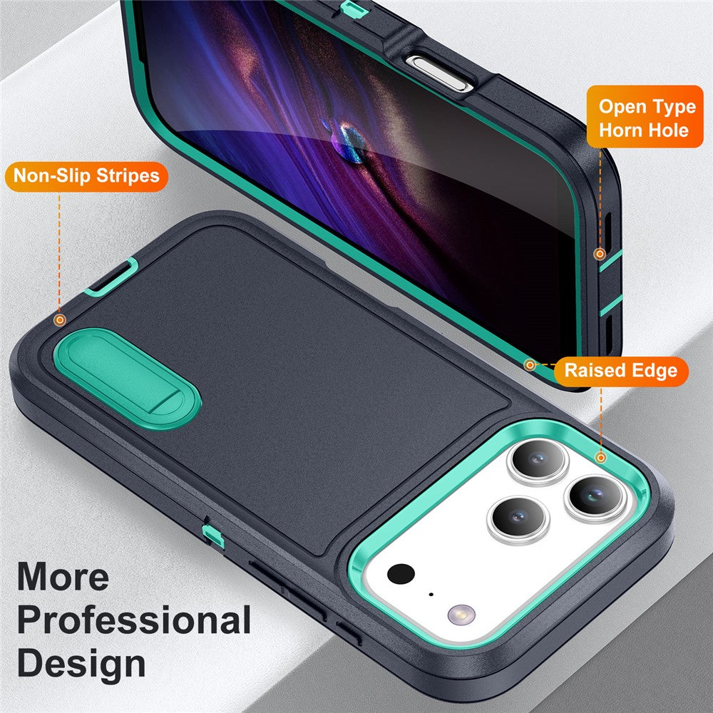 For iPhone 17 Pro Max Case Case Kickstand Phone Cover PC + Silicone + EVA 3-in-1 Design - Dark Blue + Light Cyan