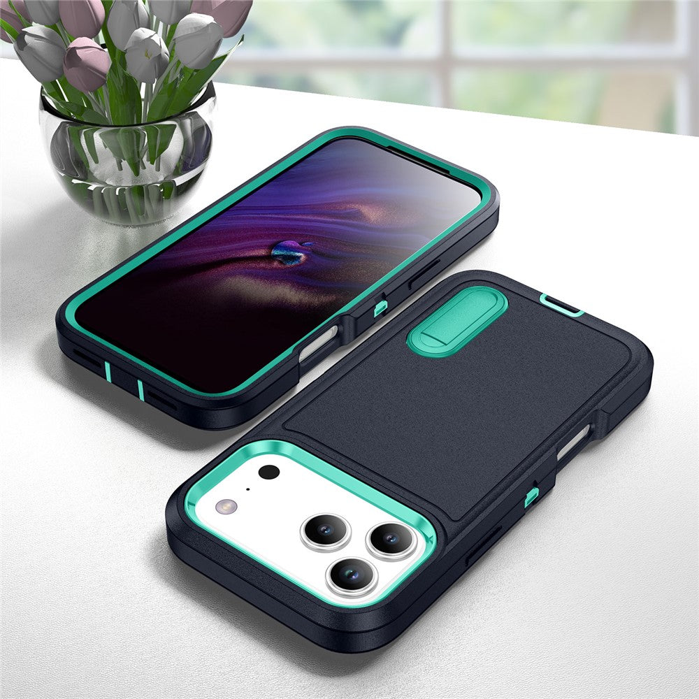 For iPhone 17 Pro Max Case Case Kickstand Phone Cover PC + Silicone + EVA 3-in-1 Design - Dark Blue + Light Cyan