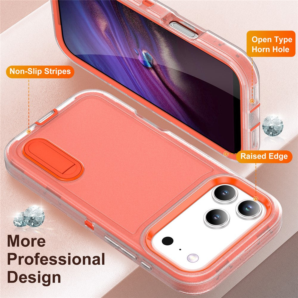 For iPhone 17 Pro Max Case Case Kickstand Phone Cover PC + Silicone + EVA 3-in-1 Design - Transparent + Orange