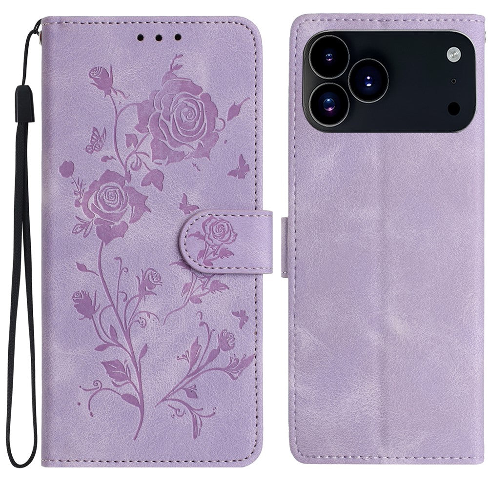 For iPhone 17 Pro Max Wallet Case Rose Pattern Imprinted Leather Flip Stand Phone Cover with Strap - Light Purple