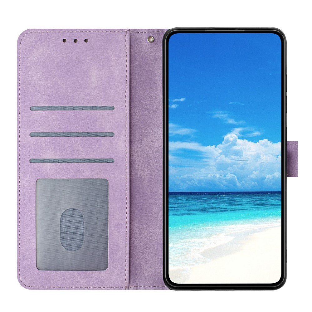 For iPhone 17 Pro Max Wallet Case Rose Pattern Imprinted Leather Flip Stand Phone Cover with Strap - Light Purple