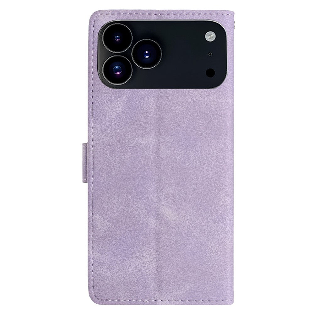 For iPhone 17 Pro Max Wallet Case Rose Pattern Imprinted Leather Flip Stand Phone Cover with Strap - Light Purple