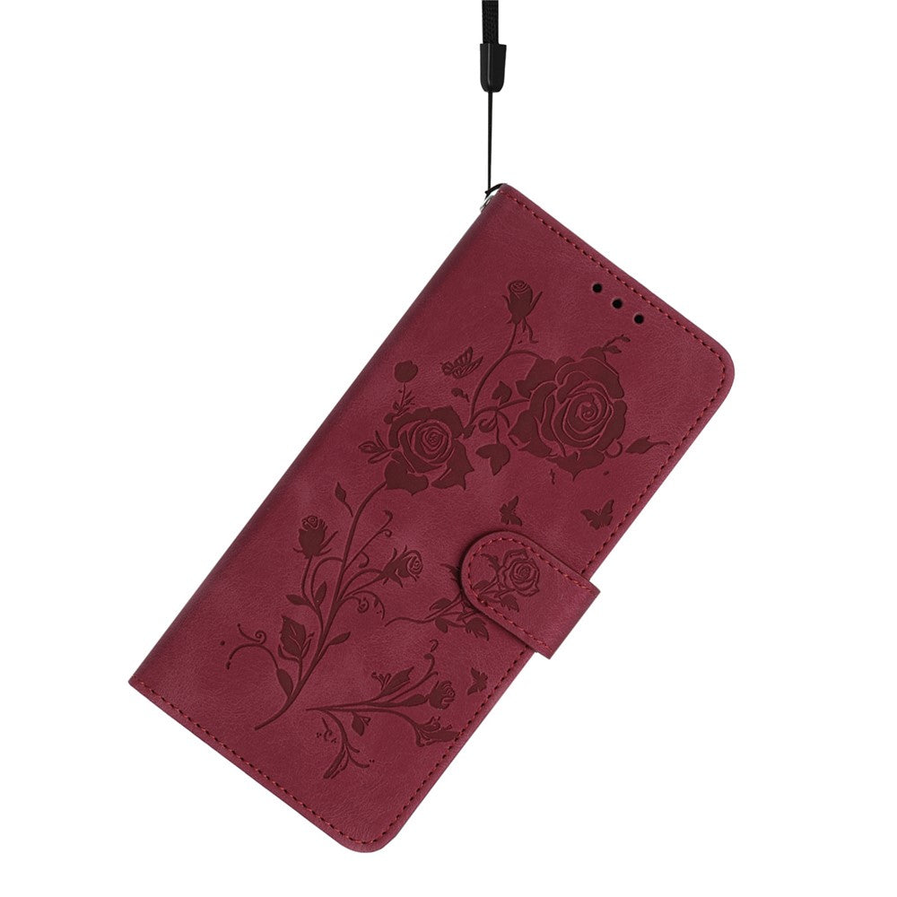 For iPhone 17 Pro Max Wallet Case Rose Pattern Imprinted Leather Flip Stand Phone Cover with Strap - Red