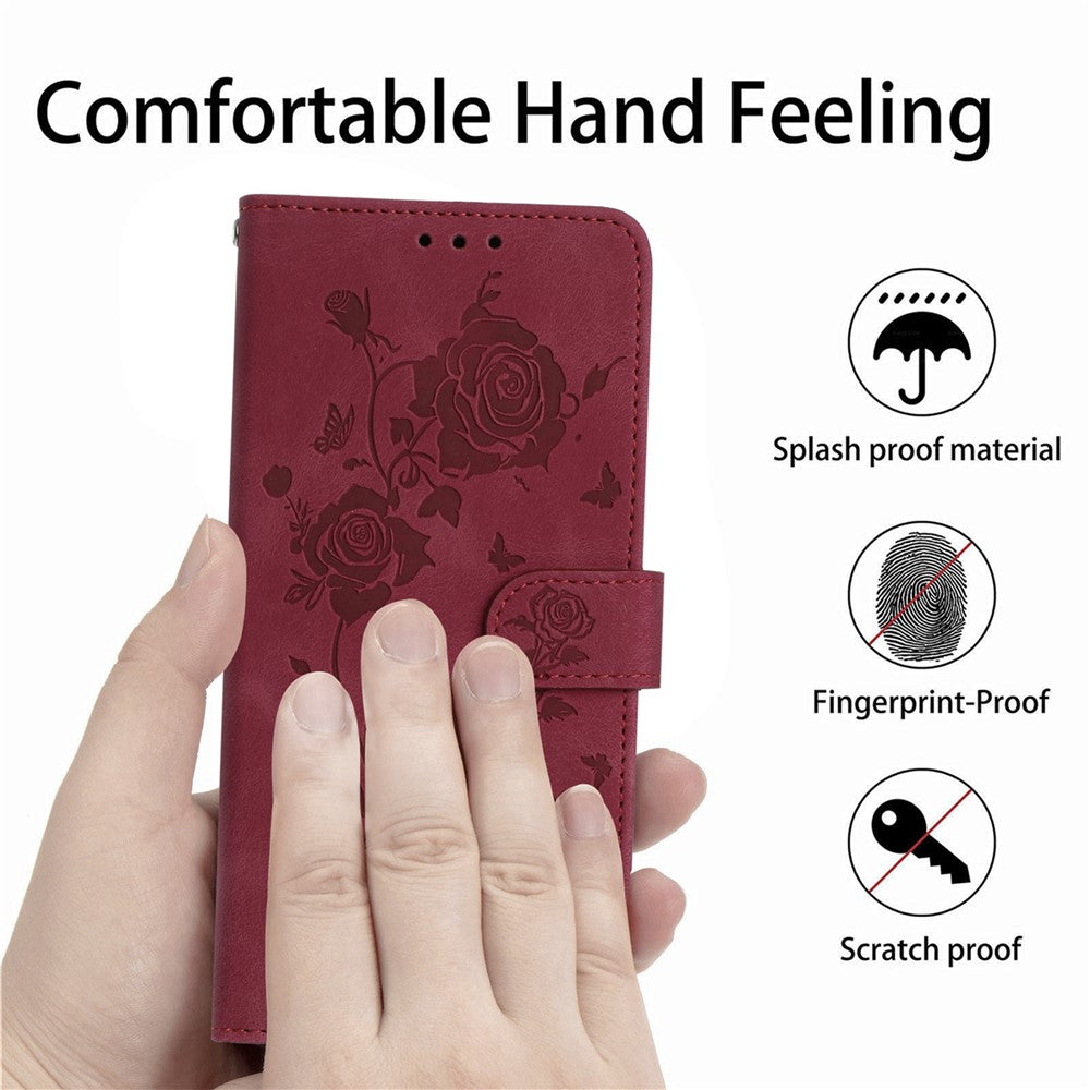 For iPhone 17 Pro Max Wallet Case Rose Pattern Imprinted Leather Flip Stand Phone Cover with Strap - Red