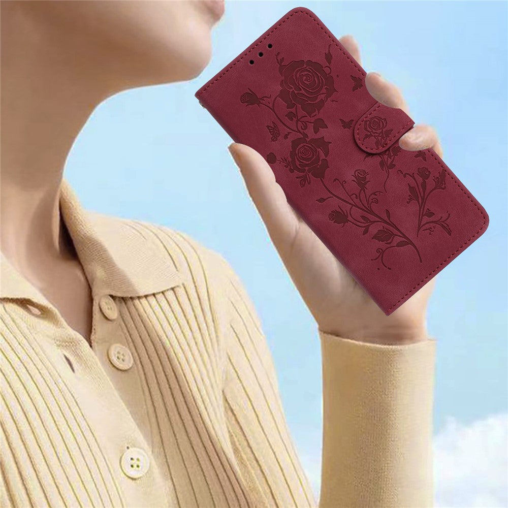 For iPhone 17 Pro Max Wallet Case Rose Pattern Imprinted Leather Flip Stand Phone Cover with Strap - Red
