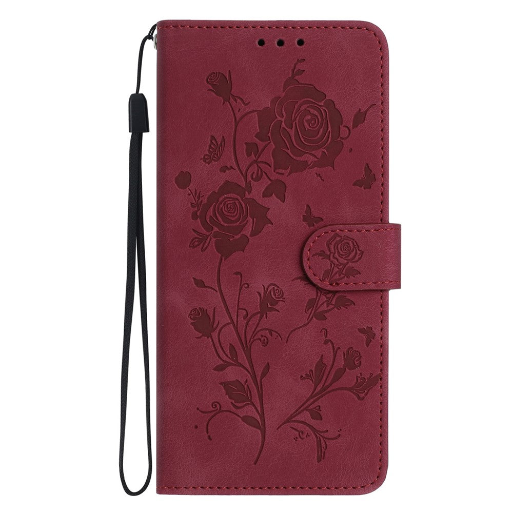 For iPhone 17 Pro Max Wallet Case Rose Pattern Imprinted Leather Flip Stand Phone Cover with Strap - Red